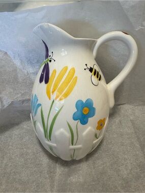 Vintage Hand-Painted Ceramic Spring Garden Pitcher